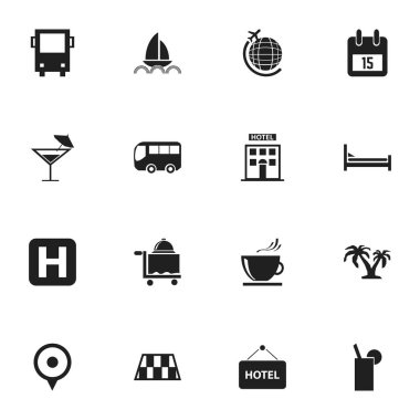 16 düzenlenebilir seyahat simgeler kümesi. Yat, Omnibus, Motorbus ve daha fazlası gibi simgeler içerir. Web, mobil, UI ve Infographic tasarımı için kullanılabilir.