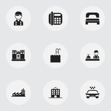 9 düzenlenebilir seyahat simgeler kümesi. Bina, kale, havuzu ve daha fazlası gibi simgeler içerir. Web, mobil, UI ve Infographic tasarımı için kullanılabilir.