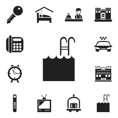 12 düzenlenebilir Hotel simgeler kümesi. Böyle erişim, engelini kaldırmak gibi havuz, sembolleri kapıyı kapalı ve daha fazlasını içerir. Web, mobil, UI ve Infographic tasarımı için kullanılabilir.
