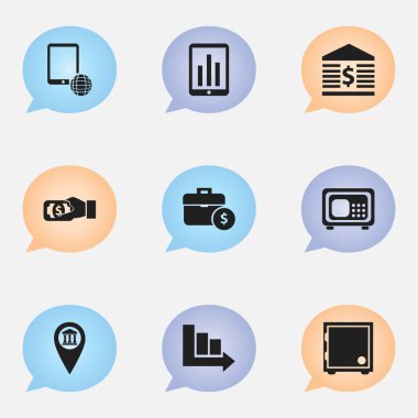 9 düzenlenebilir bankacılık simgeler kümesi. Kasa, ödeme, el çantası gibi simgeler içerir. Web, mobil, UI ve Infographic tasarımı için kullanılabilir.