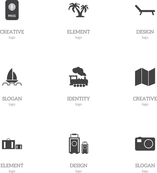 Set de 9 iconos de viaje editables. Incluye símbolos como panfleto, cámara, motor de vapor y más. Puede ser utilizado para el diseño de la tela, móvil, interfaz de usuario e infografía . — Vector de stock