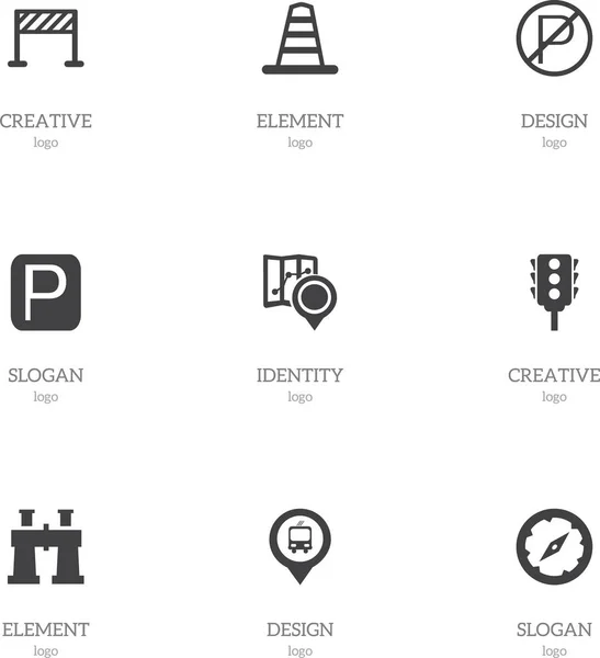 Conjunto de 9 iconos de mapa editables. Incluye símbolos como estacionamiento, ubicación del coche, navegador magnético y más. Puede ser utilizado para el diseño de la tela, móvil, interfaz de usuario e infografía . — Vector de stock