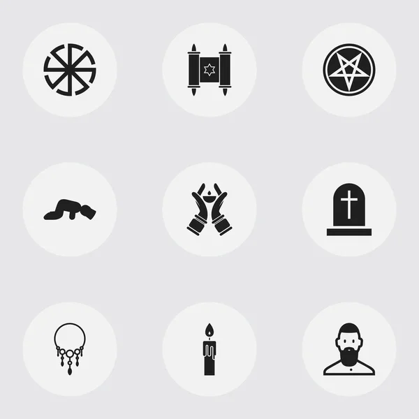Набір з 9 для редагування релігії іконок. Включає в себе символи такі як вогонь воску, зірка Давида, свічник. Може використовуватися для веб, мобільні, призначеного для користувача інтерфейсу і інфографіки дизайн. — стоковий вектор