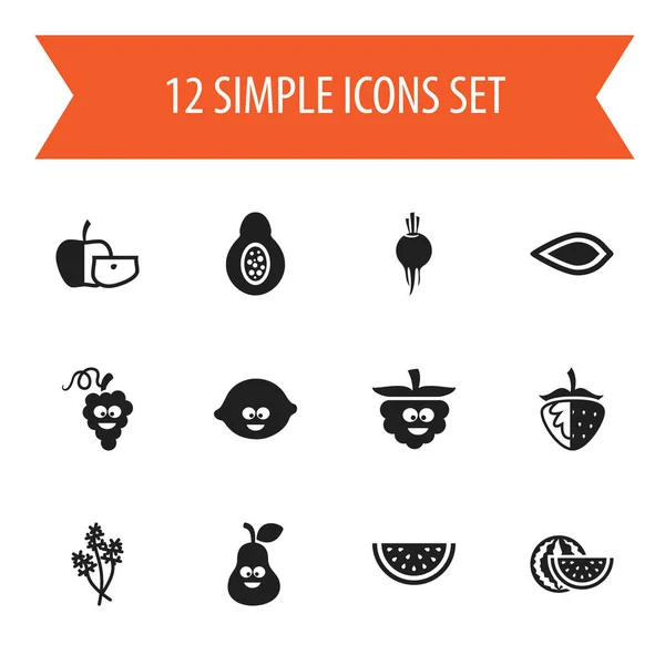 Conjunto de 12 iconos de alimentos editables. Incluye símbolos como la fruta dulce, la mora cómica, el amígdalo y más. Puede ser utilizado para el diseño de la tela, móvil, interfaz de usuario e infografía . — Vector de stock