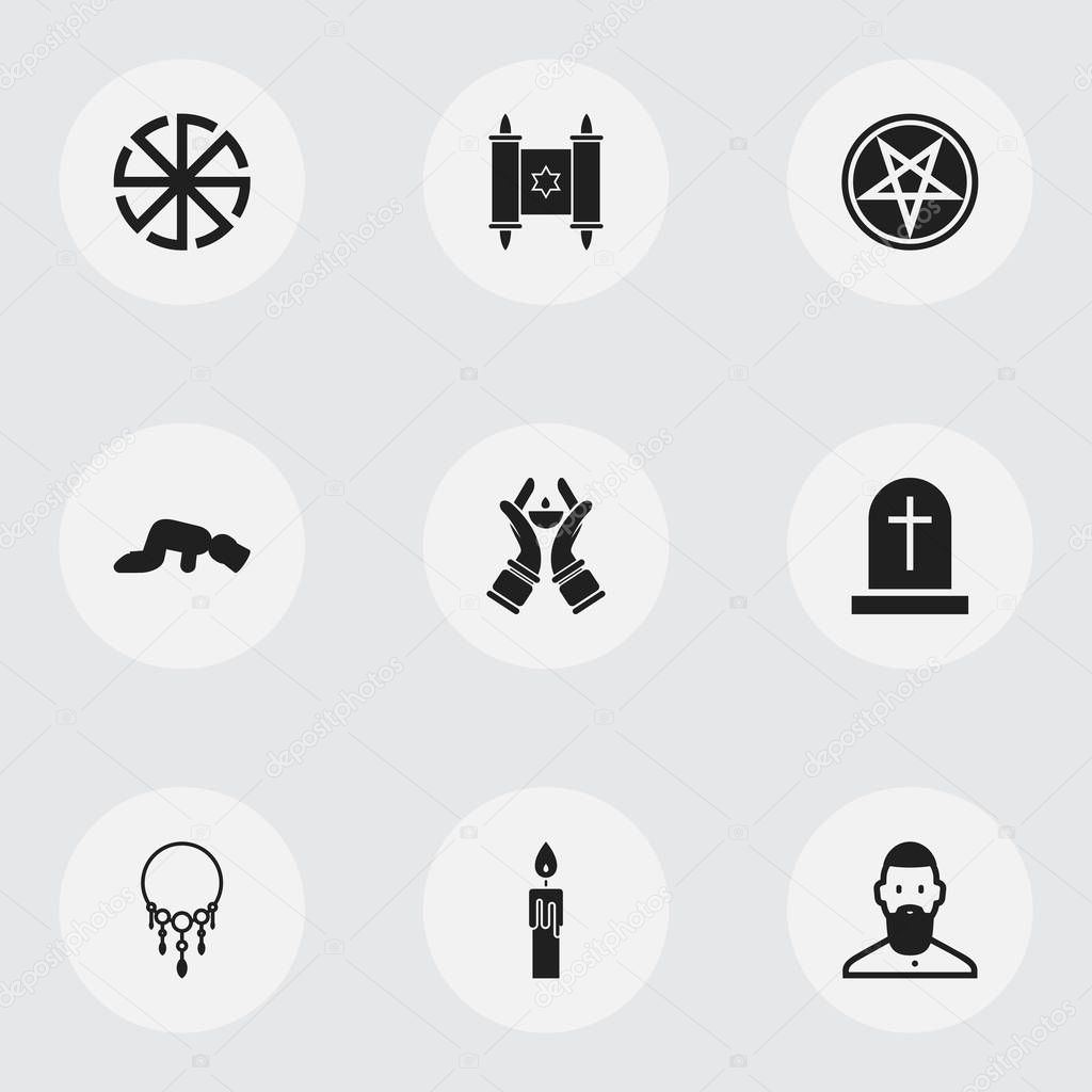 Set Of 9 Editable Religion Icons. Includes Symbols Such As Fire Wax, David Star, Candlestick. Can Be Used For Web, Mobile, UI And Infographic Design.