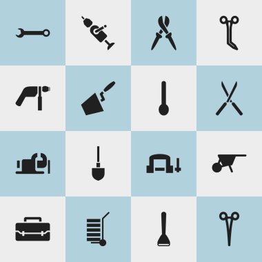 16 düzenlenebilir araçları simgeler kümesi. Mala, kaşık, somun anahtarı ve daha fazlası gibi simgeler içerir. Web, mobil, UI ve Infographic tasarımı için kullanılabilir.