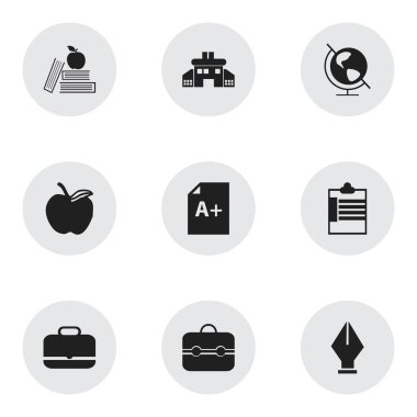 9 düzenlenebilir okul simgeler kümesi. Portföy, Apple, ders kitabı ve daha fazlası gibi simgeler içerir. Web, mobil, UI ve Infographic tasarımı için kullanılabilir.