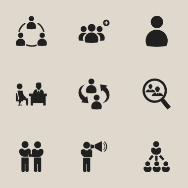 9 düzenlenebilir takım simgeler kümesi. Dostluk, erkek, üye ve daha fazlası gibi simgeler içerir. Web, mobil, UI ve Infographic tasarımı için kullanılabilir.