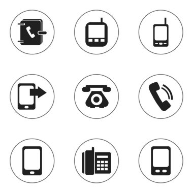 9 düzenlenebilir telefon simgeler kümesi. Sembolleri konuşmak gibi radyo Talkie, ev cep telefonu ve daha fazlasını içerir. Web, mobil, UI ve Infographic tasarımı için kullanılabilir.