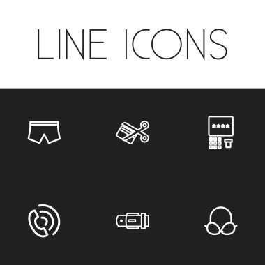 6 düzenlenebilir alışveriş anahat simgeleri ayarlayın. Kesme, çağrı, kemer ve daha fazlası gibi simgeler içerir. Web, mobil, UI ve Infographic tasarımı için kullanılabilir.