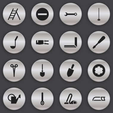 16 düzenlenebilir enstrüman simgeler kümesi. Somun anahtarı, Kepçe, ekipman ve daha fazlası gibi simgeler içerir. Web, mobil, UI ve Infographic tasarımı için kullanılabilir.