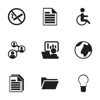 9 düzenlenebilir Bürosu simgeler kümesi. Çarşaf, personel, yasak yasaktır ve daha fazla gibi simgeler içerir. Web, mobil, UI ve Infographic tasarımı için kullanılabilir.
