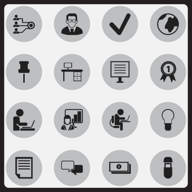 16 düzenlenebilir Office simgeler kümesi. Tanıtımı, Usb, dünya ve daha fazlası gibi simgeler içerir. Web, mobil, UI ve Infographic tasarımı için kullanılabilir.