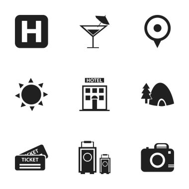 9 düzenlenebilir yolculuk simgeler kümesi. Helikopter pisti, fotoğraf Cam, çadır ve daha fazlası gibi simgeler içerir. Web, mobil, UI ve Infographic tasarımı için kullanılabilir.