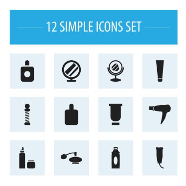 12 düzenlenebilir Kuaför simgeler kümesi. Fön, parfümcü, konteyner ve daha fazlası gibi simgeler içerir. Web, mobil, UI ve Infographic tasarımı için kullanılabilir.