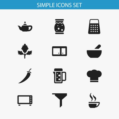 12 düzenlenebilir yemek simgeler kümesi. Aşçı şapkası, kahve fincanı, çorba ve daha fazlası gibi simgeler içerir. Web, mobil, UI ve Infographic tasarımı için kullanılabilir.