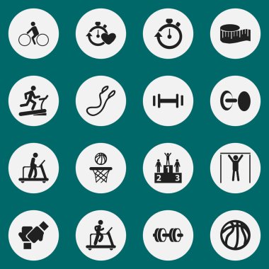 16 düzenlenebilir sağlıklı simgeler kümesi. Sembolleri Jogging gibi ağırlık, basketbol ve daha fazlasını içerir. Web, mobil, UI ve Infographic tasarımı için kullanılabilir.