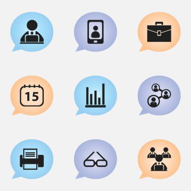 9 düzenlenebilir Office simgeler kümesi. Personel, işçi Laptop, çizgi grafik ve daha fazlası gibi simgeler içerir. Web, mobil, UI ve Infographic tasarımı için kullanılabilir.