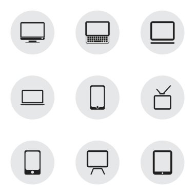 9 düzenlenebilir aygıtları simgeler kümesi. Bilgisayar, dokunmatik ekran, Smartphone ve daha fazlası gibi simgeler içerir. Web, mobil, UI ve Infographic tasarımı için kullanılabilir.