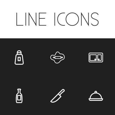 6 düzenlenebilir pişirme anahat simgeler kümesi. Oklava, dolap, tuz ve daha fazlası gibi simgeler içerir. Web, mobil, UI ve Infographic tasarımı için kullanılabilir.