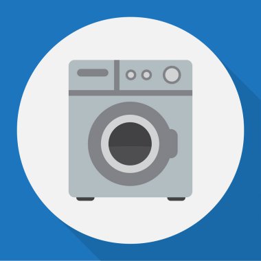 Ev sembolü çamaşır makinesi düz simge vektör çizim. Üstün kaliteli modaya uygun düz stil öğesinde çamaşırhanede izole.