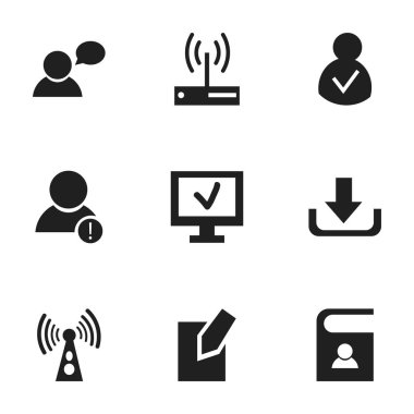 9 düzenlenebilir Internet simge kümesi. Telefon rehberinde, Modem, bilgisayar ve daha fazlası gibi simgeler içerir. Web, mobil, UI ve Infographic tasarımı için kullanılabilir.