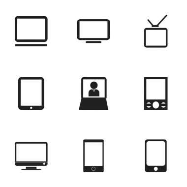 9 düzenlenebilir aygıtları simgeler kümesi. Televizyon, monitör, Tablet telefon ve daha fazlası gibi simgeler içerir. Web, mobil, UI ve Infographic tasarımı için kullanılabilir.