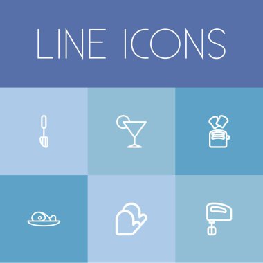 6 düzenlenebilir pişirme anahat simgeler kümesi. Blender gibi simgeler fırın eldiveni, içki ve daha fazlasını içerir. Web, mobil, UI ve Infographic tasarımı için kullanılabilir.