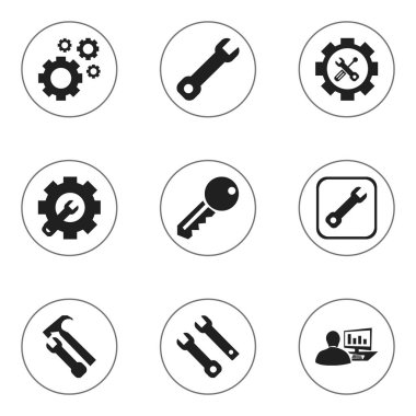 9 düzenlenebilir onarım simgeler kümesi. İngiliz anahtarı onarım, yeniden yapılanma ve anahtarı çekiç gibi simgeler içerir. Web, mobil, UI ve Infographic tasarımı için kullanılabilir.