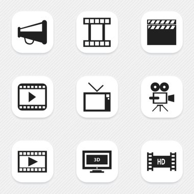 9 düzenlenebilir film simgeler kümesi. Film oynatıcı, hoparlör, film şeridi ve daha fazlası gibi simgeler içerir. Web, mobil, UI ve Infographic tasarımı için kullanılabilir.