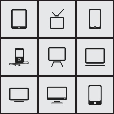 9 düzenlenebilir aygıtları simgeler kümesi. Tv, akıllı telefon, Tablet telefon ve daha fazlası gibi simgeler içerir. Web, mobil, UI ve Infographic tasarımı için kullanılabilir.