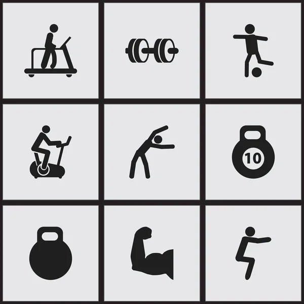 Set di 9 icone sane modificabili. Include simboli come pesantezza, esercizio fisico, allenamento in bicicletta e altro ancora. Può essere utilizzato per la progettazione web, mobile, UI e infografica . — Vettoriale Stock