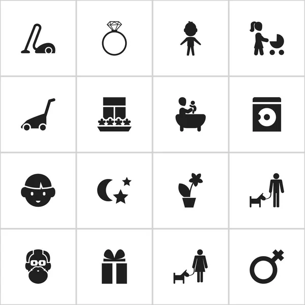 Set med 16 redigerbara släktingar ikoner. Innehåller symboler som Son, midnatt, Solitaire diamant och mer. Kan användas för webb-, mobil-, Ui- och Infographic Design. — Stock vektor