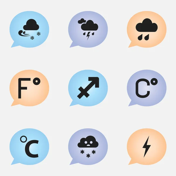 Satz von 9 editierbaren Klima-Symbolen. enthält Symbole wie Fahrenheit, Grad Celsius, Grad Celsius und mehr. kann für Web-, Mobil-, UI- und Infografik-Design verwendet werden. — Stockvektor