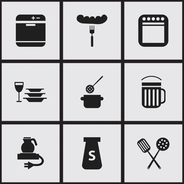 Набор из 9 настольных ресторанных иконок. Includes Symbols such as Electric Kettle, Ale, Skimmer and More. Can be used for Web, Mobile, UI and Infographic Design . — стоковый вектор