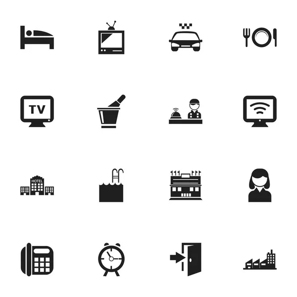 Set Of 16 Editable Plaza Icons. Includes Symbols Such As Female, Townhouse, Wireless Tv And More. Can Be Used For Web, Mobile, UI And Infographic Design. — Stock Vector