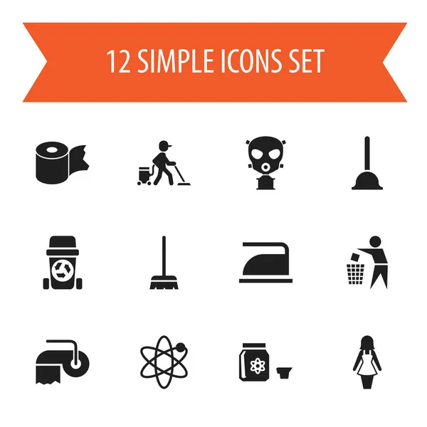 Uppsättning av 12 redigerbara rengöring ikoner. Innehåller symboler såsom skräp behållare, gummi Drain, Respirator och mer. Kan användas för webb-, mobil-, Ui- och Infographic Design. — Stock vektor
