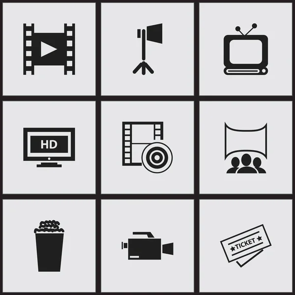 Set de 9 iconos de filmación editables. Incluye símbolos como la pantalla HD, la cámara de vídeo, la entrada y más. Puede ser utilizado para el diseño de la tela, móvil, interfaz de usuario e infografía . — Vector de stock