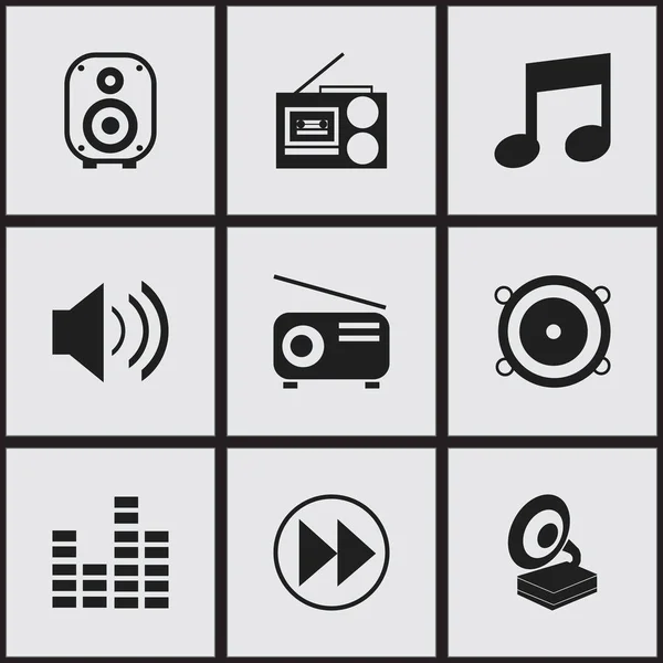 Set de 9 iconos de melodía editables. Incluye símbolos como medios de comunicación Fm, música, altavoces bajos y más. Puede ser utilizado para el diseño de la tela, móvil, interfaz de usuario e infografía . — Archivo Imágenes Vectoriales