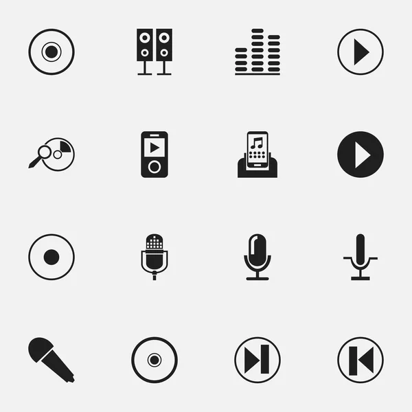 Satz von 16 editierbaren Mediensymbolen. beinhaltet Symbole wie Mikrofon, Musiklautsprecher, Mediengerät und mehr. kann für Web-, Mobil-, UI- und Infografik-Design verwendet werden. — Stockvektor
