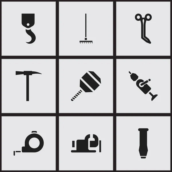 Conjunto de 9 iconos de equipos editables. Incluye símbolos tales como destornillador, banda, piquetes. Puede ser utilizado para el diseño de la tela, móvil, interfaz de usuario e infografía . — Archivo Imágenes Vectoriales