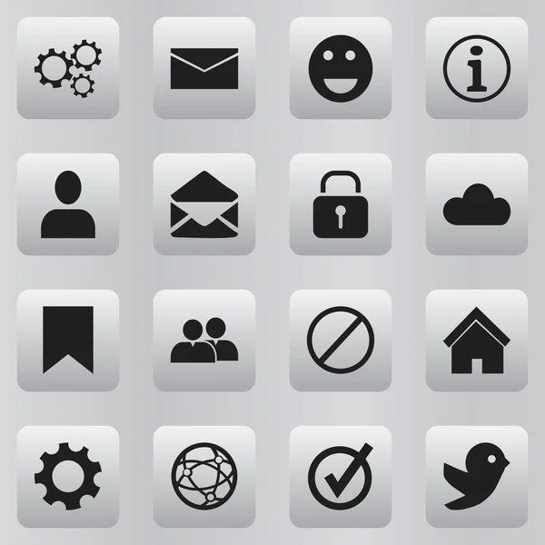 Conjunto de 16 iconos editables de Internet. Incluye símbolos como ajustes, emojis, engranajes y más. Puede ser utilizado para el diseño de la tela, móvil, interfaz de usuario e infografía . — Vector de stock