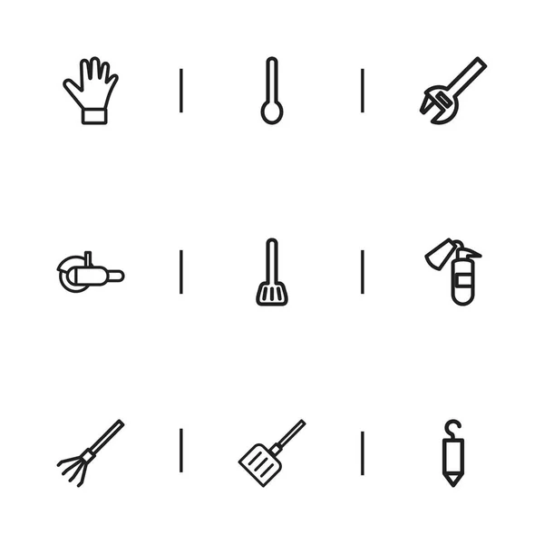 Conjunto de 9 iconos de contorno de instrumentos editables. Incluye símbolos como cucharada, seguridad contra incendios, llave inglesa y más. Puede ser utilizado para el diseño de la tela, móvil, interfaz de usuario e infografía . — Vector de stock