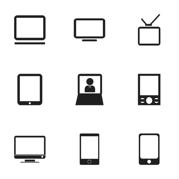 Satz von 9 editierbaren Geräten Symbole. beinhaltet Symbole wie Fernsehen, Monitor, Tablet-Telefon und vieles mehr. kann für Web-, Mobil-, UI- und Infografik-Design verwendet werden. — Stockvektor