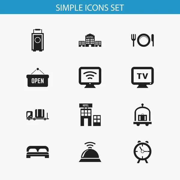 Készlet 12 szerkeszthető utazási ikonok. Magában foglalja a szimbólumok, mint a megnyitott plakát, poggyász, vezeték nélküli Tv és több. Lehet használni a Web, mobil, Ui és Infographic Design. — Stock Vector
