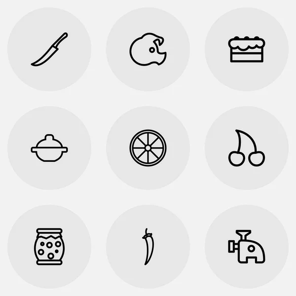 Набір з дев'яти значків контуру кухаря. Включає в себе такі символи, як вишня, домашнє желе, фрукти та багато іншого. Може використовуватися для веб, мобільного, інтерфейсу та інфографіки . — стоковий вектор