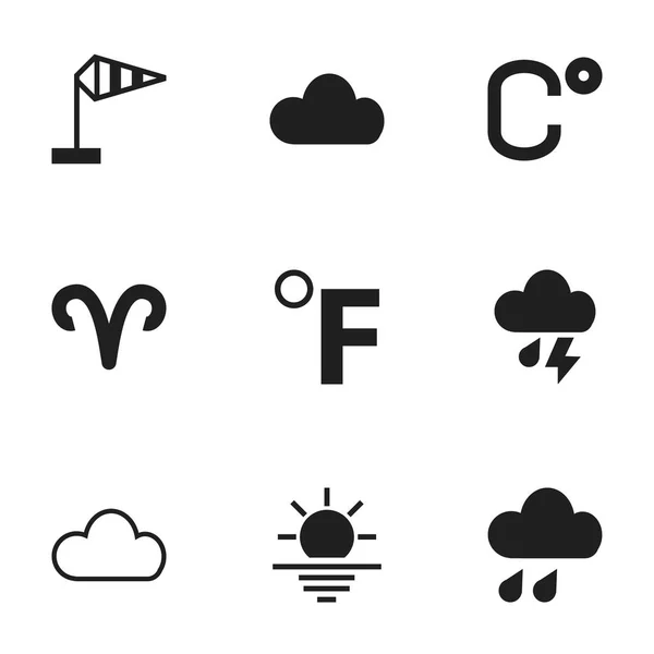 Conjunto de 9 iconos climáticos editables. Incluye símbolos como diluvio, escala de temperatura, cielo y más. Puede ser utilizado para el diseño de la tela, móvil, interfaz de usuario e infografía . — Vector de stock