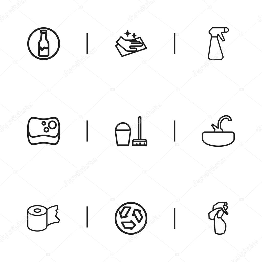 Set Of 9 Editable Cleanup Outline Icons. Includes Symbols Such As Ecology, Sponge, Hygienic Roll And More. Can Be Used For Web, Mobile, UI And Infographic Design.