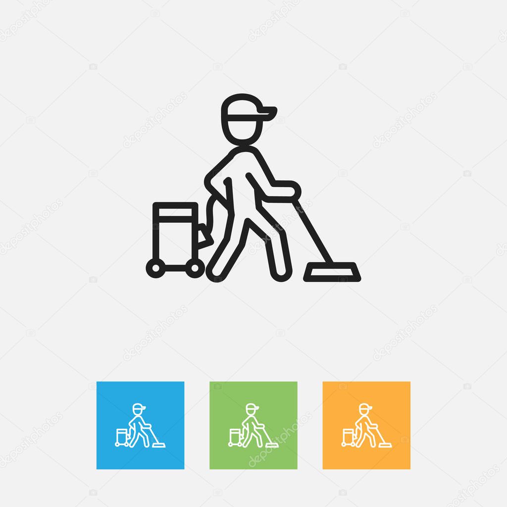 Vector Illustration Of Cleanup Symbol On Carpet Outline. Premium Quality Isolated Worker Element In Trendy Flat Style.