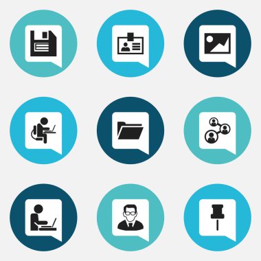 9 düzenlenebilir Bürosu simgeler kümesi. Resim, Marker, Profesör ve daha fazlası gibi simgeler içerir. Web, mobil, UI ve Infographic tasarımı için kullanılabilir.